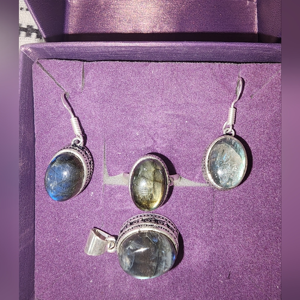 Natural Labradorite Adjustable Ring Earrings Pendant Set,Stamped 925